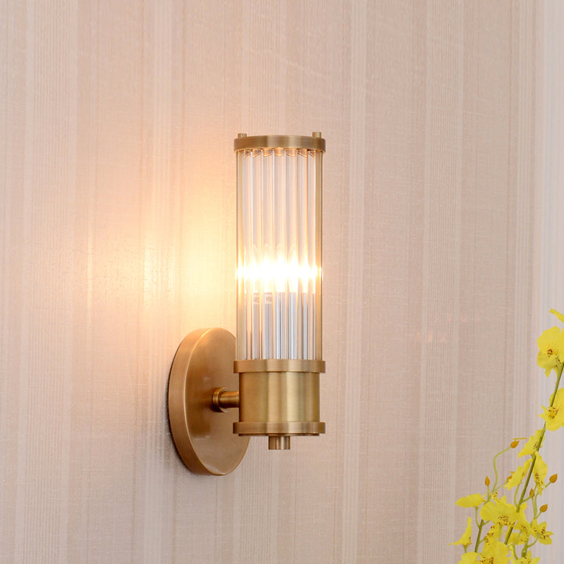 Frendorf | 1/2-Licht Flur Wandleuchte Modernist Stilvolle Goldene Wandleuchte mit Zylindrischem Klaren Kristallschirm