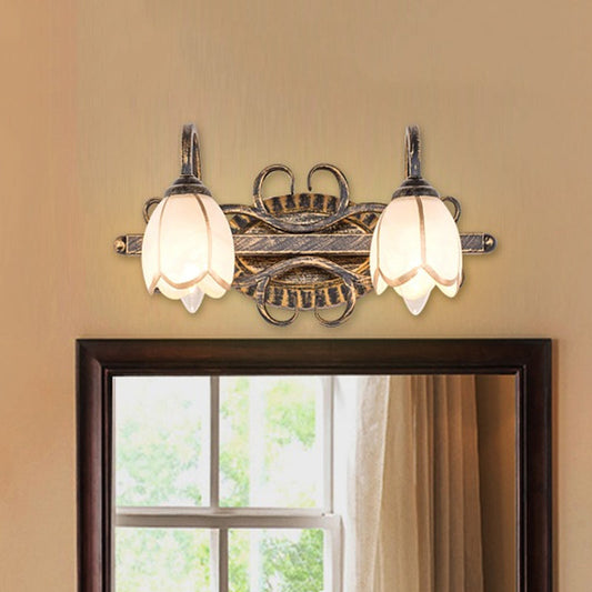 Frendorf | 2/3 Lichten Frosted Glas Vanity Light Fixture Traditionele Antieke Messing Bloemvormige Badkamer Verlichting Fixture