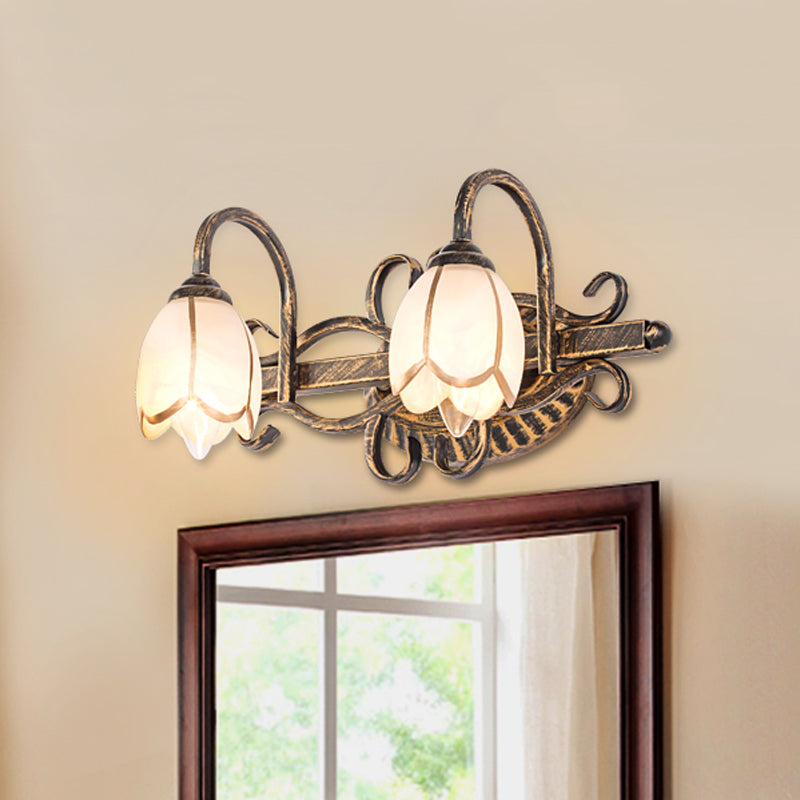 Frendorf | 2/3 Lichten Frosted Glas Vanity Light Fixture Traditionele Antieke Messing Bloemvormige Badkamer Verlichting Fixture