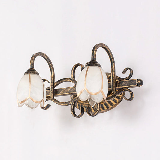 Frendorf | 2/3 Lichten Frosted Glas Vanity Light Fixture Traditionele Antieke Messing Bloemvormige Badkamer Verlichting Fixture