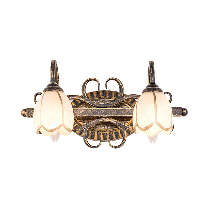 Frendorf | 2/3 Lichten Frosted Glas Vanity Light Fixture Traditionele Antieke Messing Bloemvormige Badkamer Verlichting Fixture
