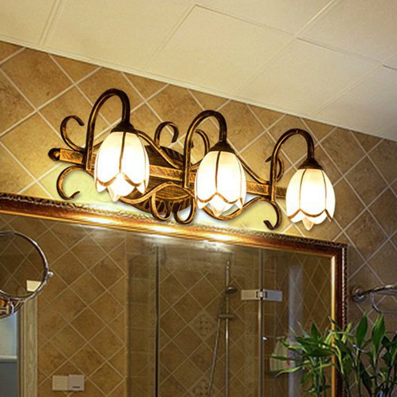 Frendorf | 2/3 Lichten Frosted Glas Vanity Light Fixture Traditionele Antieke Messing Bloemvormige Badkamer Verlichting Fixture