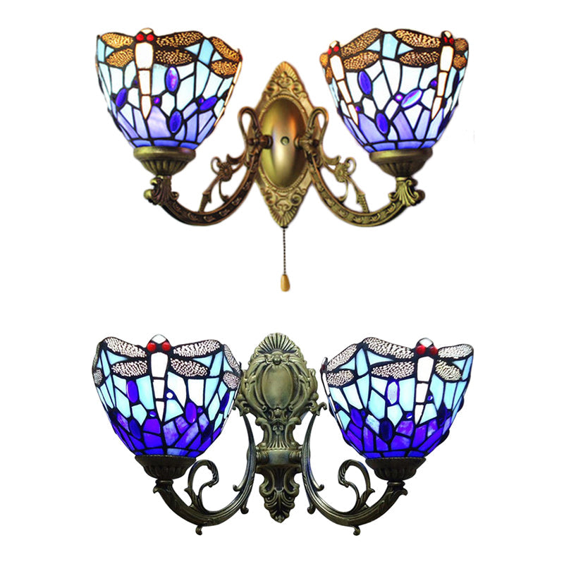 Frendorf | 8.5"/11" Breite Libelle Wohnzimmer Wand Leuchte Buntglas 2 Köpfe Tiffany Vintage Wand Licht in Blau