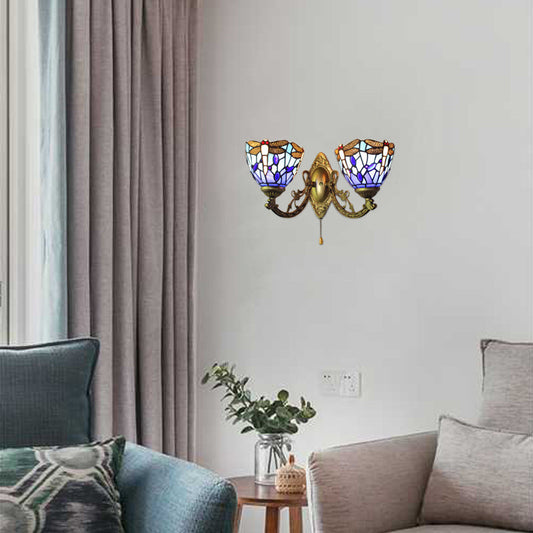 Frendorf | 8.5"/11" Breite Libelle Wohnzimmer Wand Leuchte Buntglas 2 Köpfe Tiffany Vintage Wand Licht in Blau