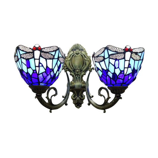Frendorf | 8.5"/11" Breite Libelle Wohnzimmer Wand Leuchte Buntglas 2 Köpfe Tiffany Vintage Wand Licht in Blau