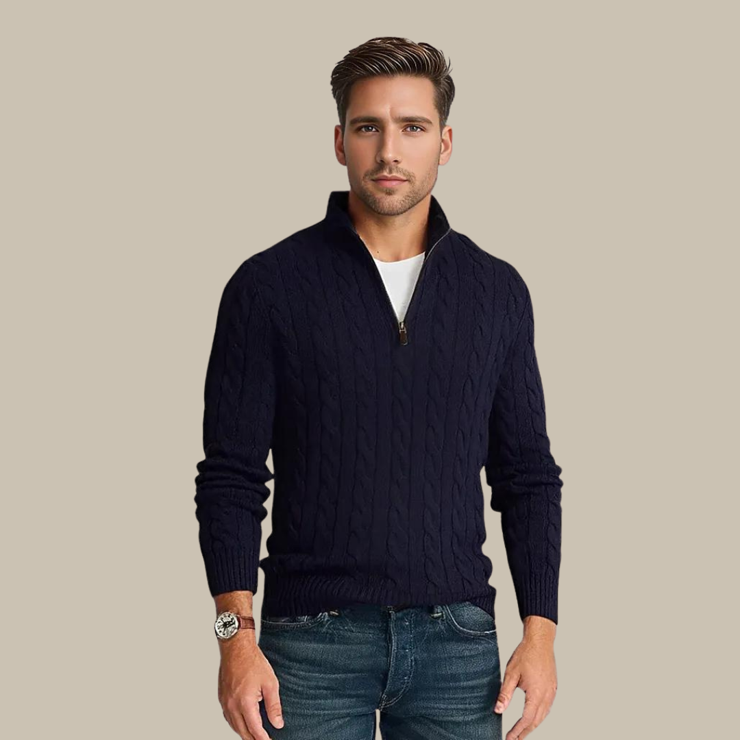 Frendorf | Reißverschlusspullover für Herren | Stilvoller Strickpullover im Zopfmuster mit V-Ausschnitt und Reißverschluss