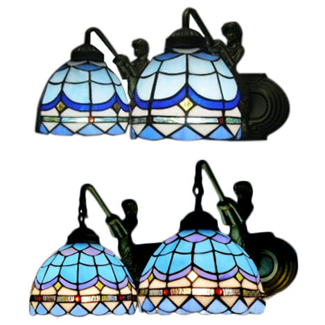 Frendorf | Dome Wandlamp Mediterraan Blauw Glas 2 Koppen 16"/18" Breed Antiek Brons Muur Geïnstalleerde Lamp