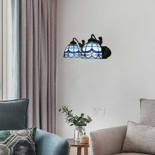 Frendorf | Dome Wandlamp Mediterraan Blauw Glas 2 Koppen 16"/18" Breed Antiek Brons Muur Geïnstalleerde Lamp
