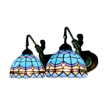 Frendorf | Dome Wandlamp Mediterraan Blauw Glas 2 Koppen 16"/18" Breed Antiek Brons Muur Geïnstalleerde Lamp