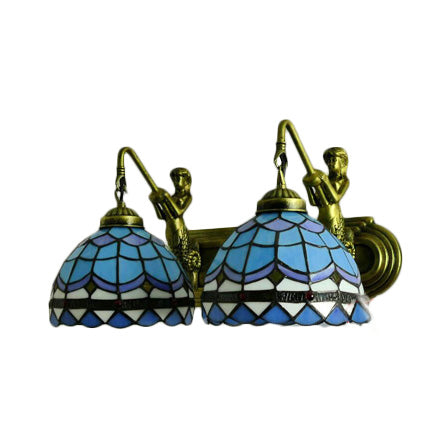 Frendorf | Dome Wandlamp Mediterraan Blauw Glas 2 Koppen 16"/18" Breed Antiek Brons Muur Geïnstalleerde Lamp