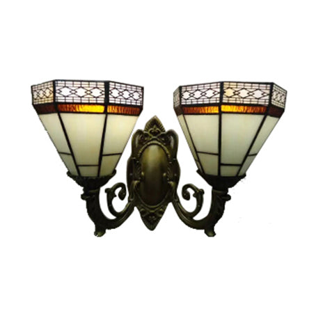 Frendorf | Gestreepte Glazen Piramide Wandlamp 2 Lichten Tiffany Traditionele Wandcursor in Amber/Blauw voor Slaapkamer