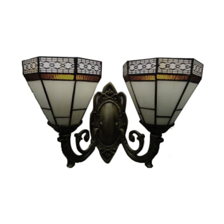 Frendorf | Gestreepte Glazen Piramide Wandlamp 2 Lichten Tiffany Traditionele Wandcursor in Amber/Blauw voor Slaapkamer