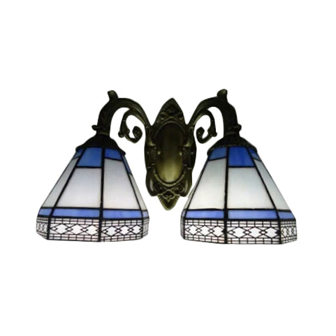 Frendorf | Gestreepte Glazen Piramide Wandlamp 2 Lichten Tiffany Traditionele Wandcursor in Amber/Blauw voor Slaapkamer