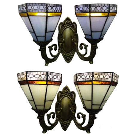 Frendorf | Studie Kamer Piramide Wandlamp Kunst Glas 2 Peertjes Tiffany Klassieke Wandlicht met Gebogen Arm in Beige/Blauw