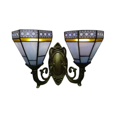 Frendorf | Studie Kamer Piramide Wandlamp Kunst Glas 2 Peertjes Tiffany Klassieke Wandlicht met Gebogen Arm in Beige/Blauw