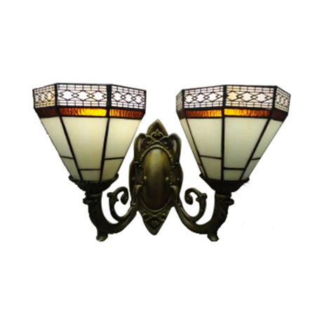 Frendorf | Studie Kamer Piramide Wandlamp Kunst Glas 2 Peertjes Tiffany Klassieke Wandlicht met Gebogen Arm in Beige/Blauw
