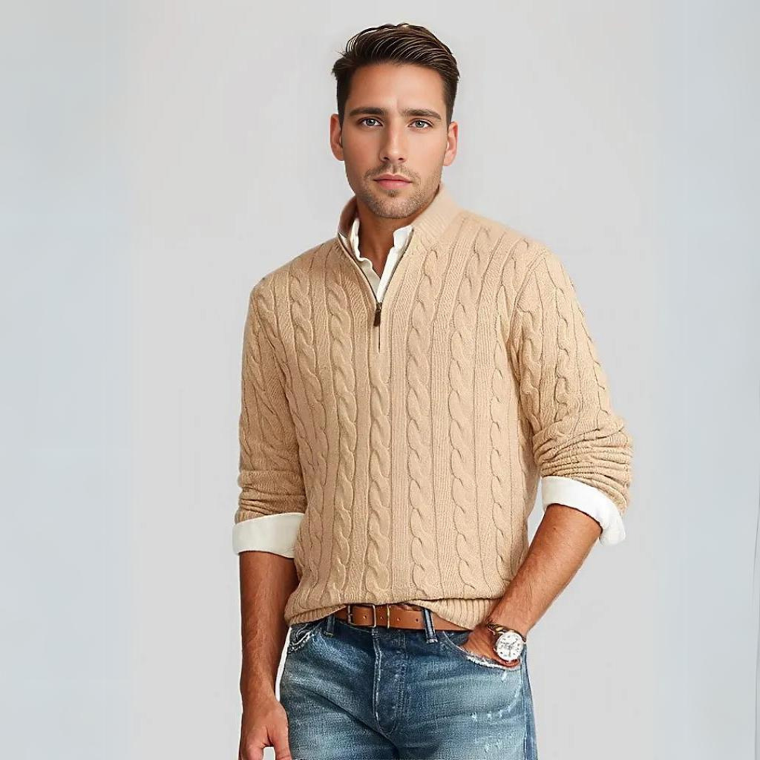 Frendorf | Reißverschlusspullover für Herren | Stilvoller Strickpullover im Zopfmuster mit V-Ausschnitt und Reißverschluss