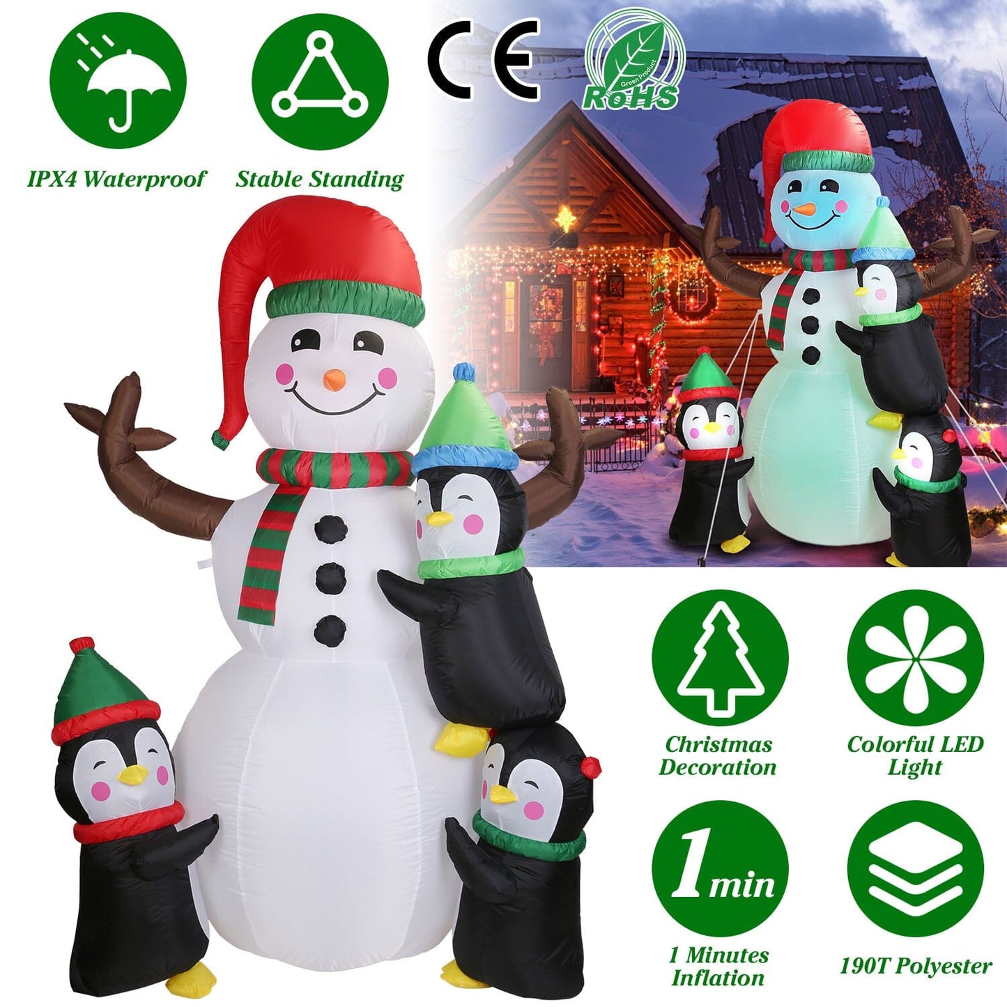 Frendorf | 5,9 Fuß Schneemann und Pinguin Aufblasbare Garten Dekoration mit eingebaute LED Licht Luftgebläse