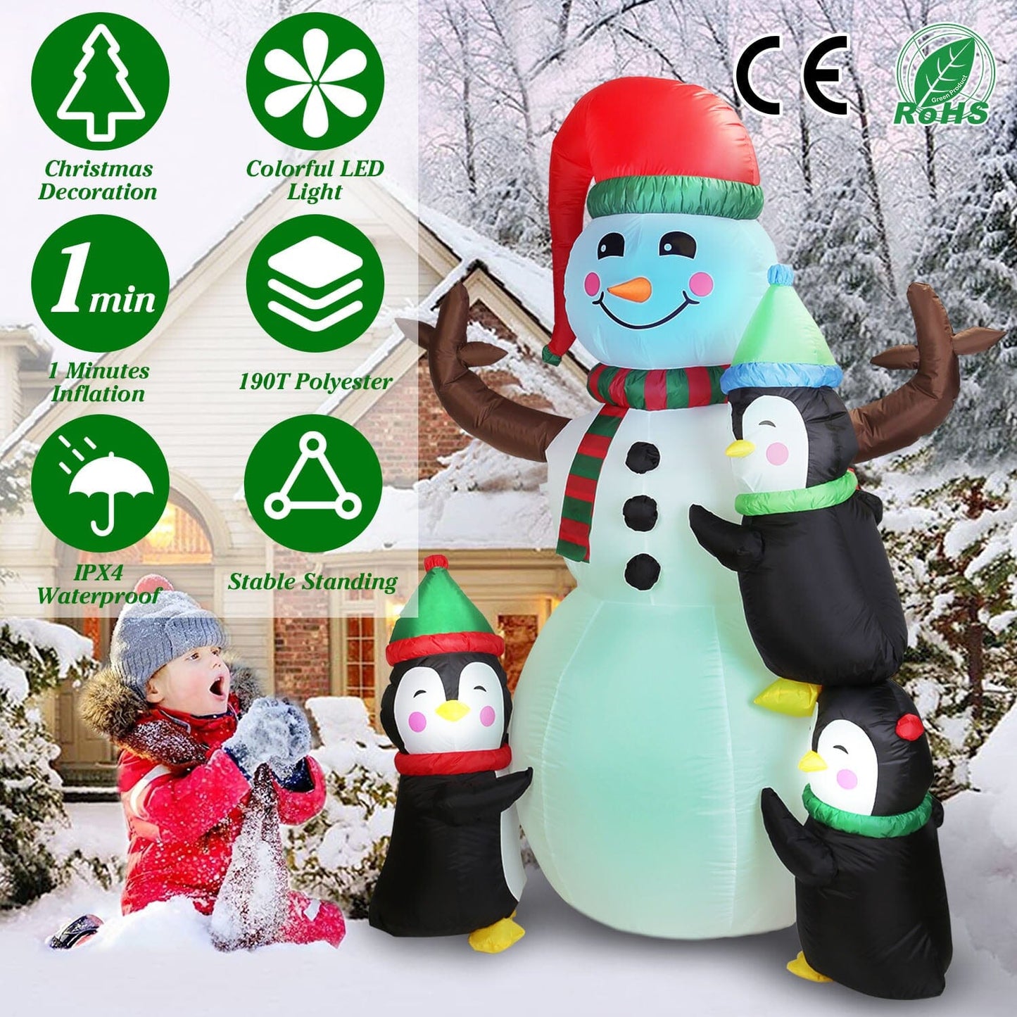 Frendorf | 5,9 Fuß Schneemann und Pinguin Aufblasbare Garten Dekoration mit eingebaute LED Licht Luftgebläse
