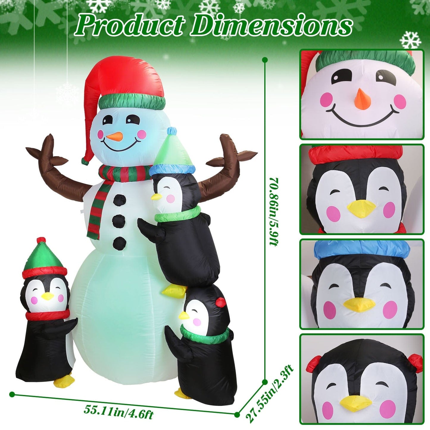 Frendorf | 5,9 Fuß Schneemann und Pinguin Aufblasbare Garten Dekoration mit eingebaute LED Licht Luftgebläse