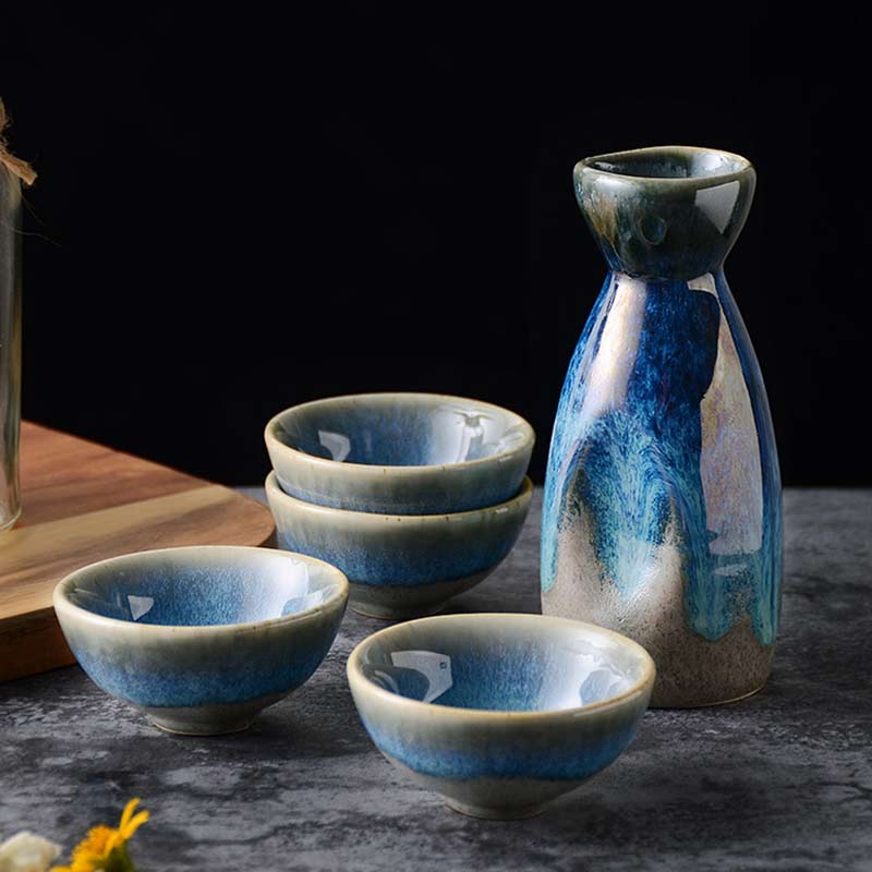 5 Stück Retro Japanisches Sake Set Keramik Krug Schnapsbecher 1 Kanne 4 Tassen Zuhause Bar Sake Weißwein Kanne Kreative Trinkgeschirr Geschenke