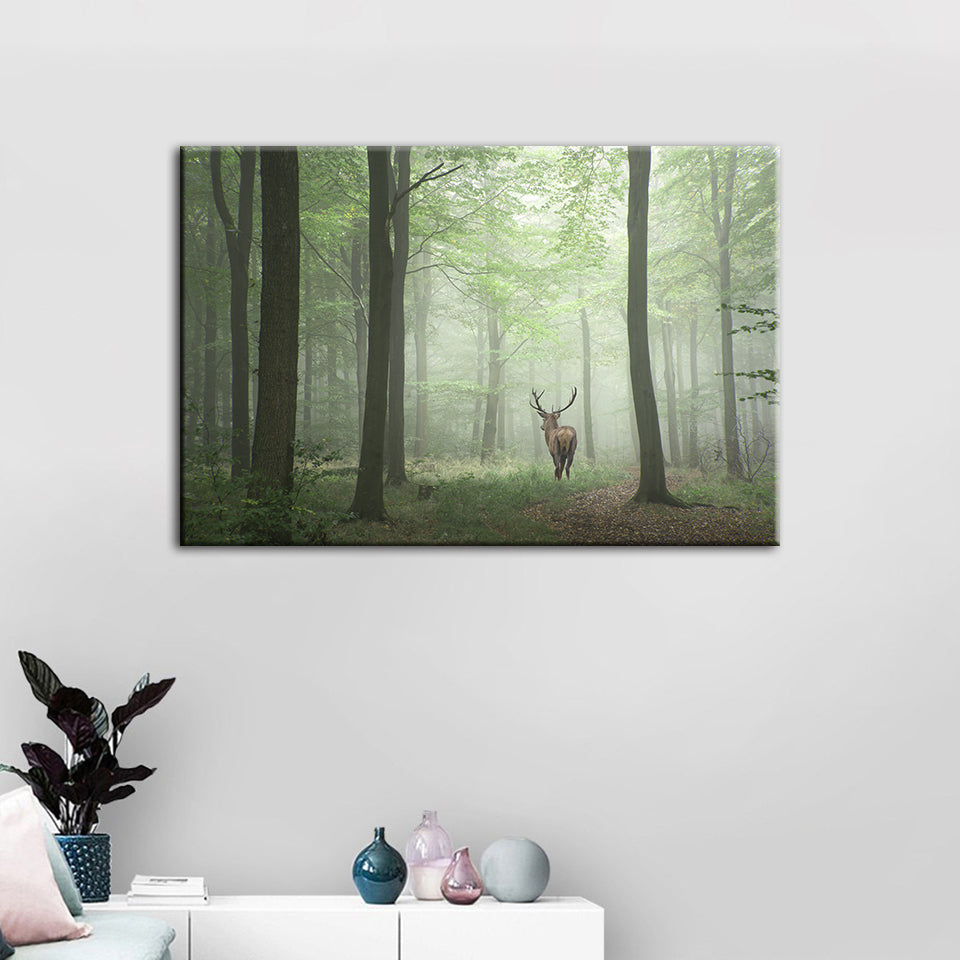 Misty Mystical Deer In The Woods - Leinwand Wandkunst Gemälde