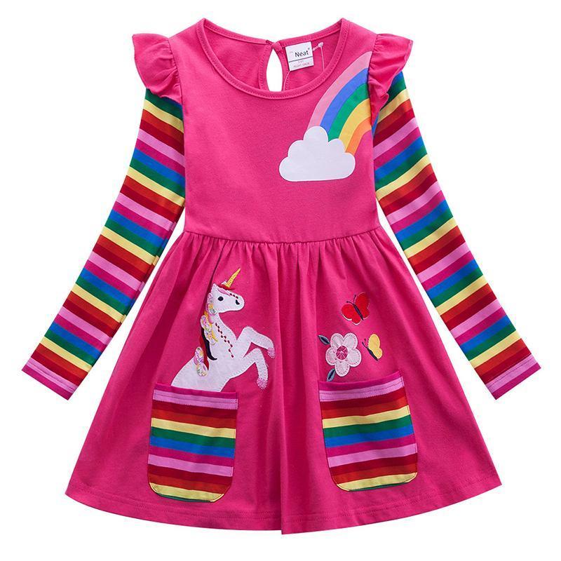 Frendorf | Mädchen Einhorn-Regenbogen-Streifen Kleid