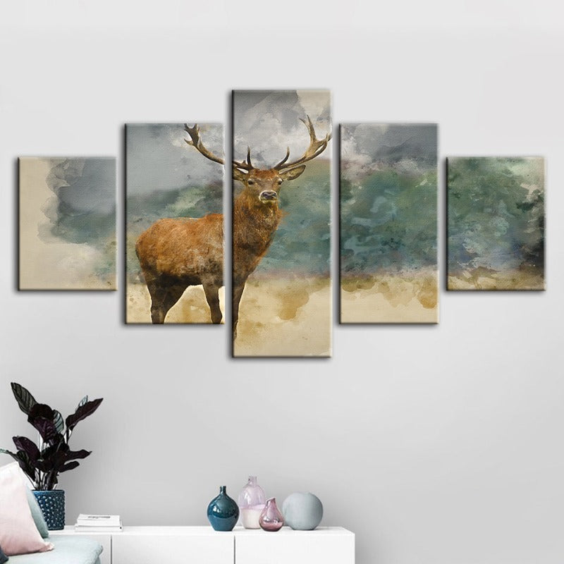 5-teiliges Aquarell-Ebenholz-Reh - Leinwand Wandkunst Gemälde