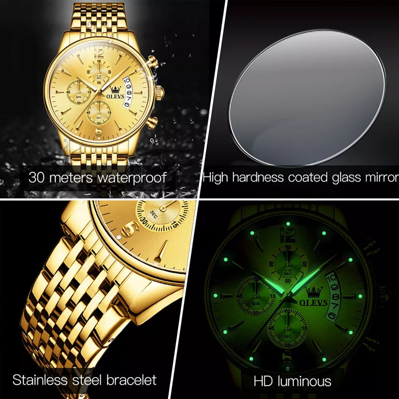 Frendorf | Luxus Gold Drei-Augen Chronograph Zifferblatt Automatische Mechanische Uhr