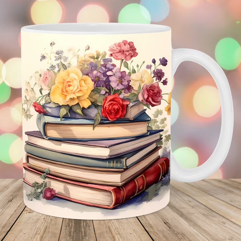 Frendorf | 3D Künstlerisch Schöne Florale Bücher Kaffeetasse - Geschenk für Bücherliebhaber