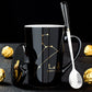 Frendorf | 12 Tierkreiszeichen Schwarze Keramiktasse mit Deckel Löffel