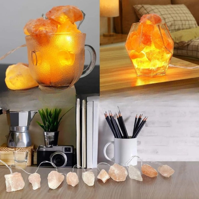 Frendorf | SolaraGleam Himalaya Salz Lichterkette | Warmes Bernsteinlicht | Tragbare Natur Kristall Dekoration für Zuhause