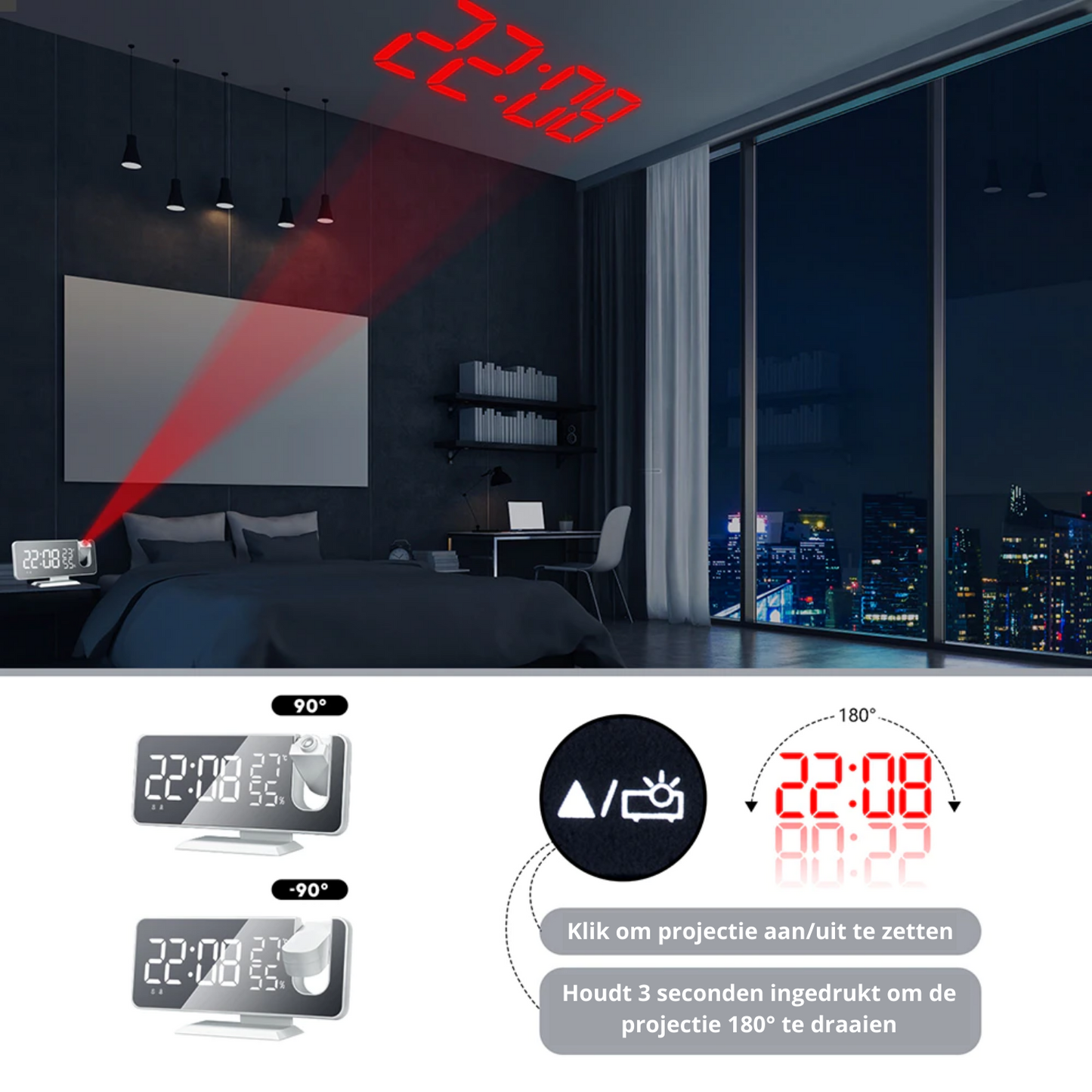 Frendorf | Astronatic | Der Beste Wecker mit LED-Bildschirm - 180° Projektor - USB-Ladegerät