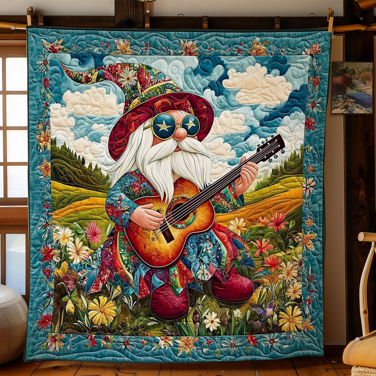 Hippie Gnom playing Guitar Quilt