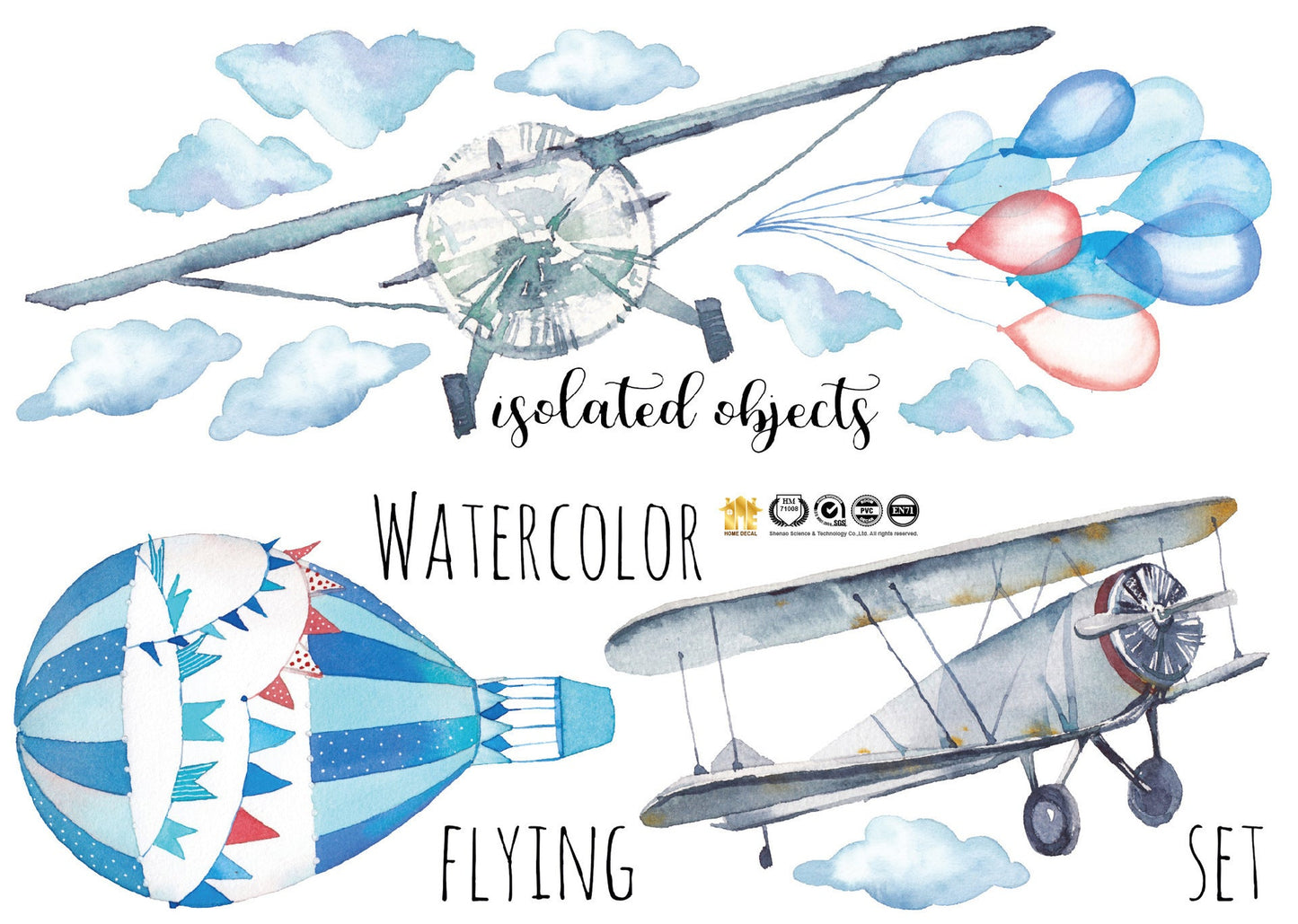 Frendorf | Cartoon Wandtattoos Aquarell Klassische Flugzeuge