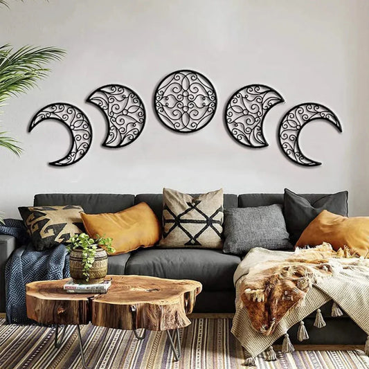 5 Stück Schwarze Mond Dekoration Wandhängend 3D Mondphase Spirituelle Schlafzimmer Wanddeko Nordisch Bohemian Stil Weihnachtsdekoration Zuhause