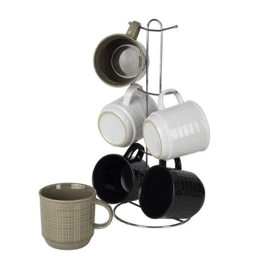 Frendorf | 6-teiliges Set: Steinzeug-Becher-Set mit Metallgestell