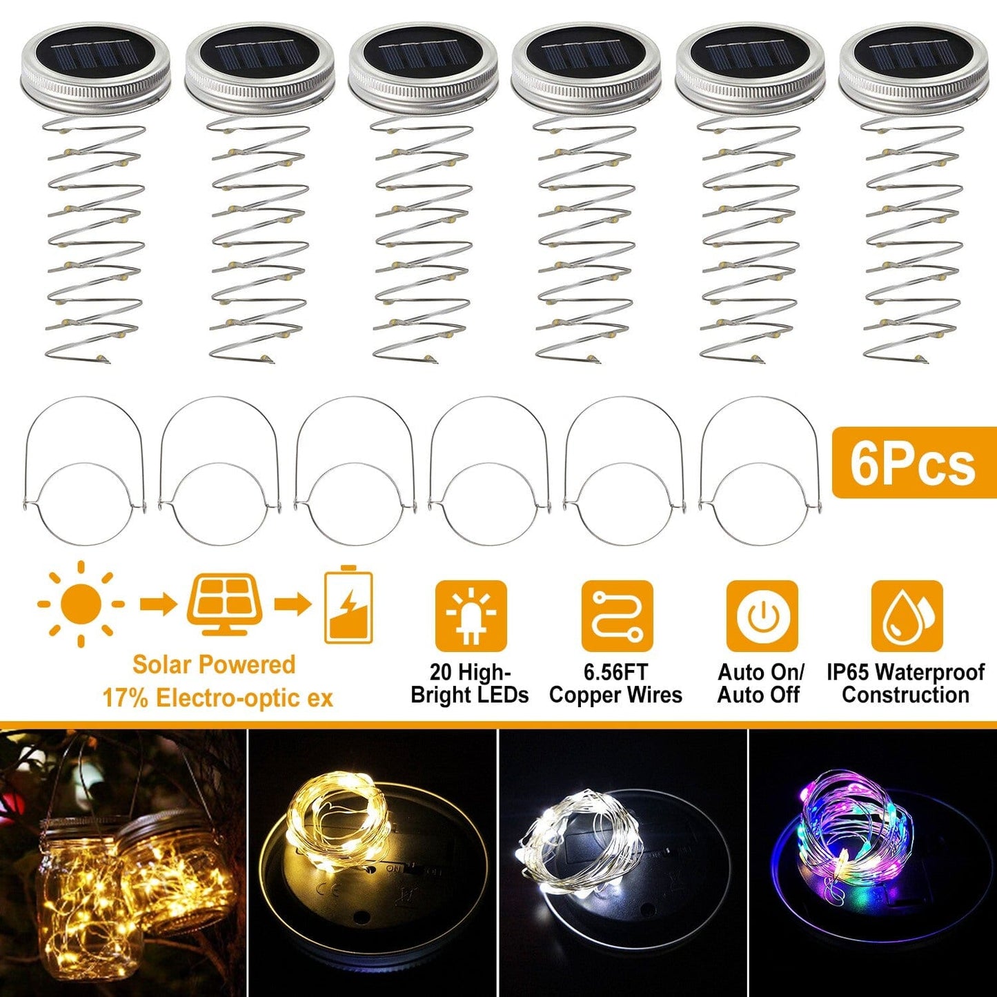 Frendorf | 6-Teile: Solarbetriebene Einmachglas-Deckelleuchten 20 LEDs