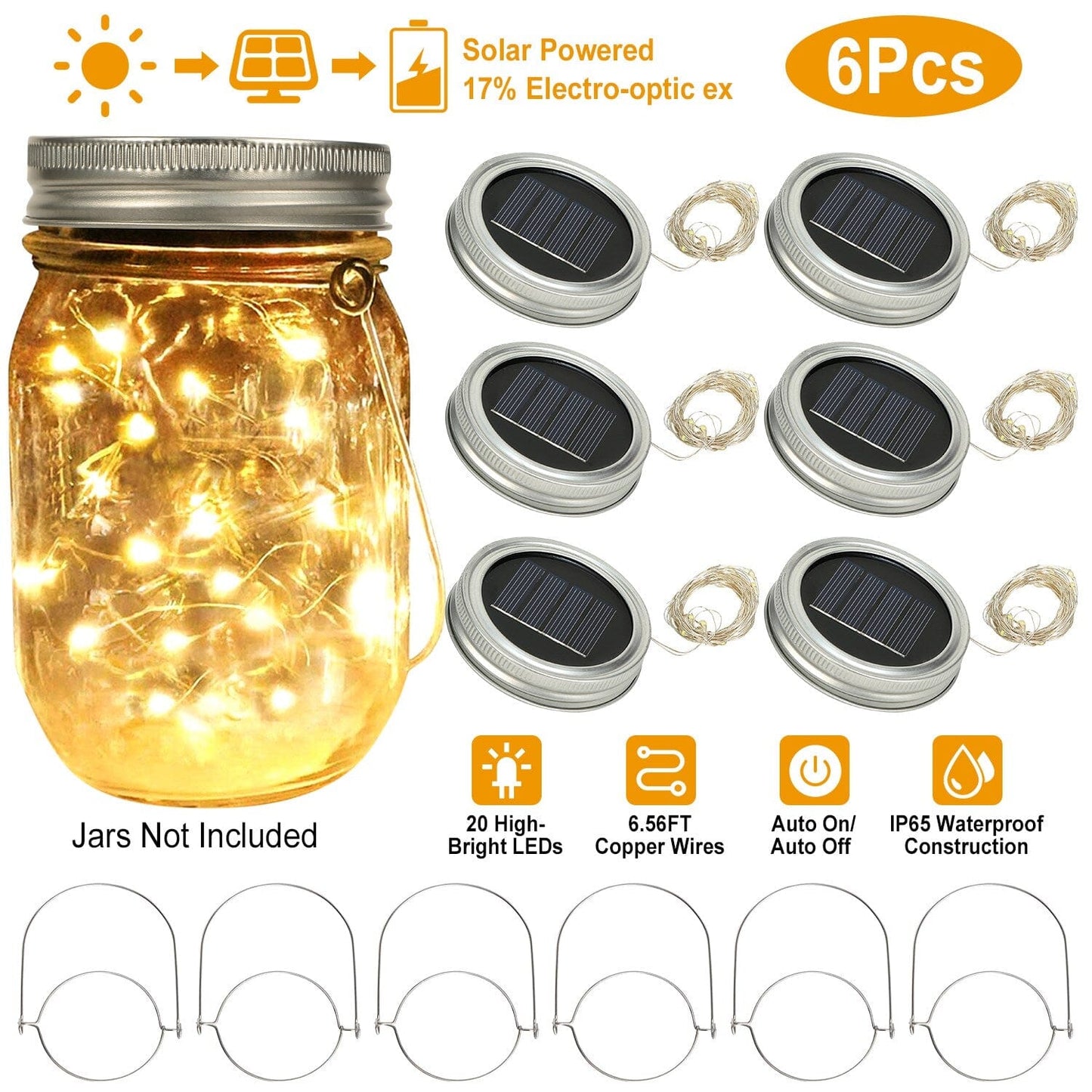 Frendorf | 6-Teile: Solarbetriebene Einmachglas-Deckelleuchten 20 LEDs