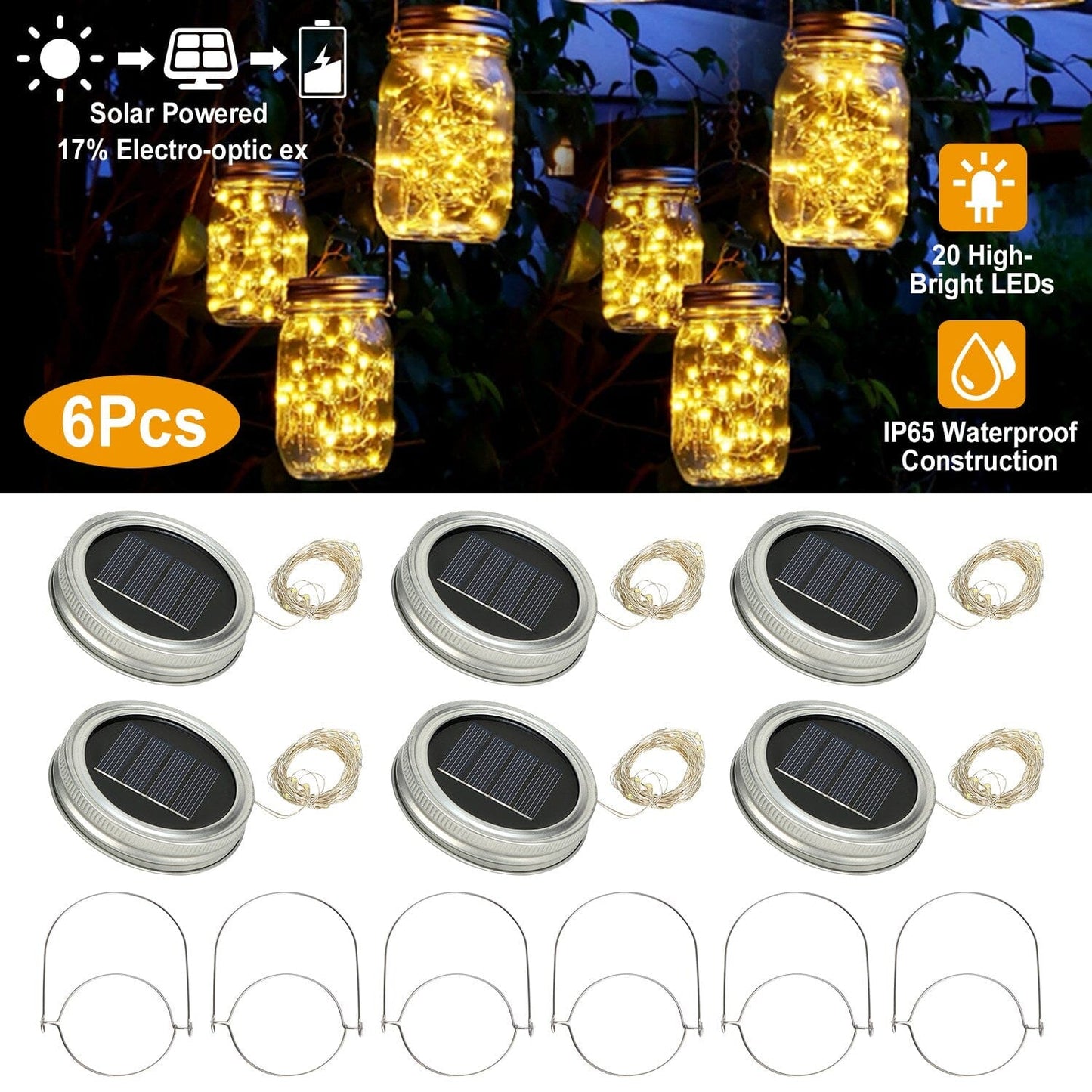 Frendorf | 6-Teile: Solarbetriebene Einmachglas-Deckelleuchten 20 LEDs