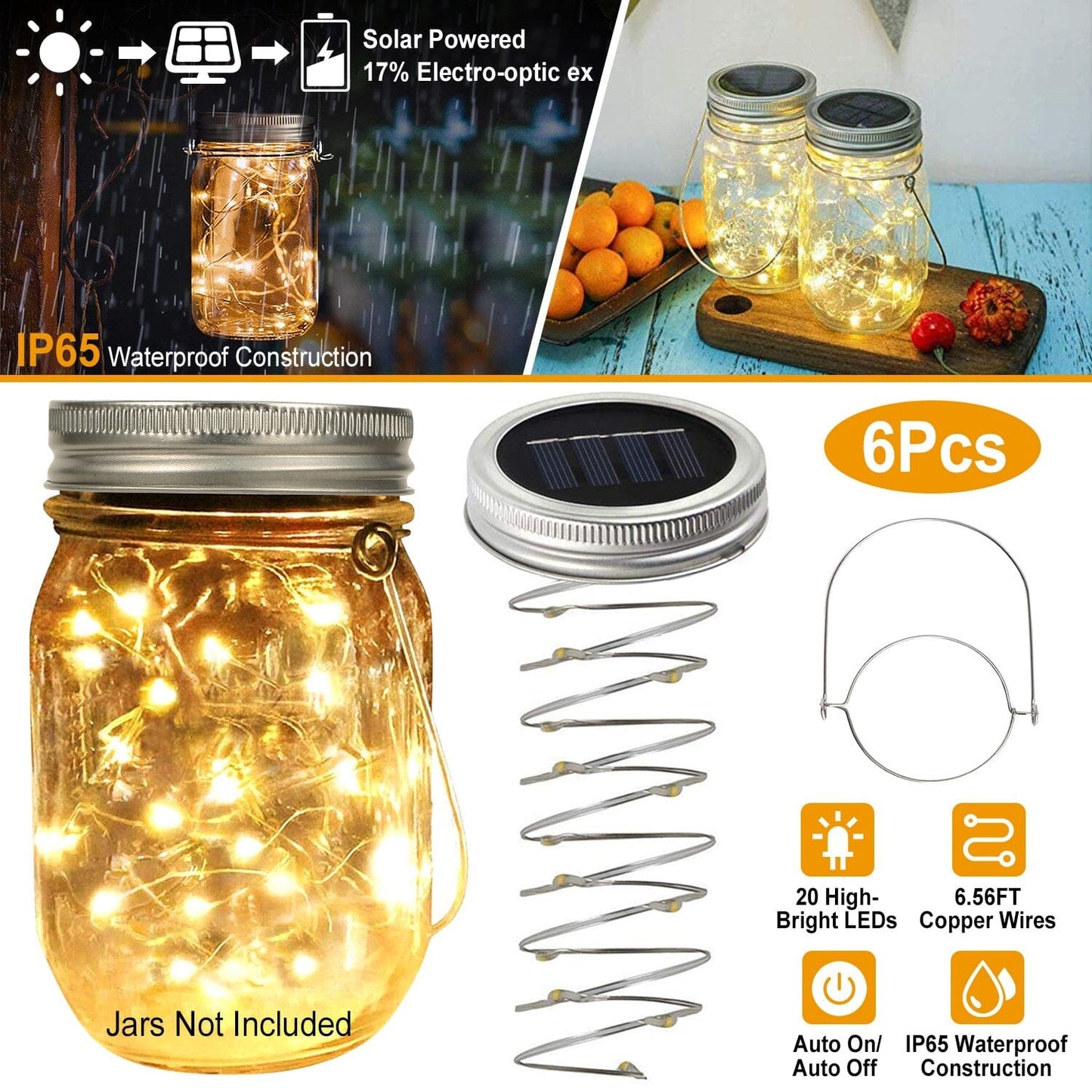 Frendorf | 6-Teile: Solarbetriebene Einmachglas-Deckelleuchten 20 LEDs