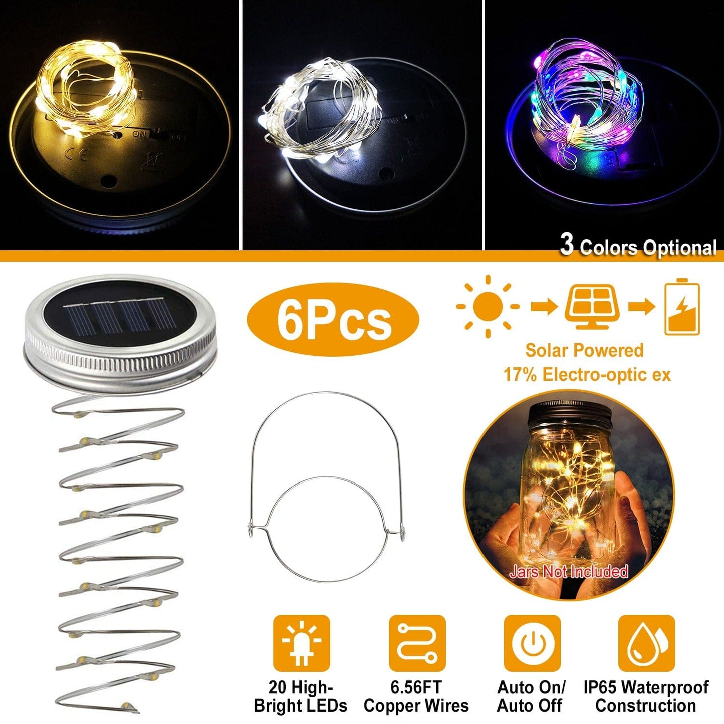 Frendorf | 6-Teile: Solarbetriebene Einmachglas-Deckelleuchten 20 LEDs