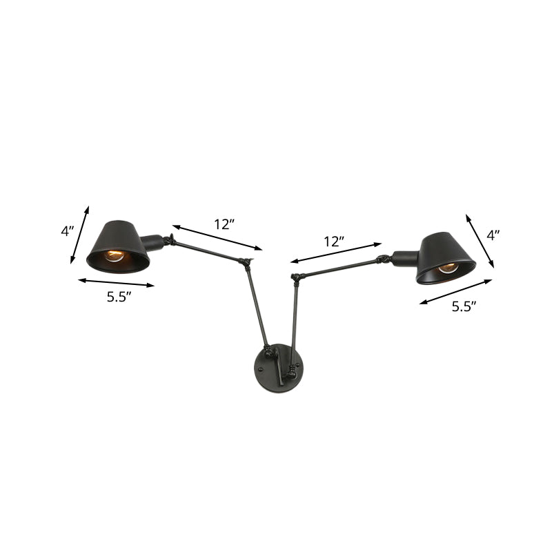 Frendorf | 2/3 Lichten IJzer Wandlamp Antiek Zwarte Afwerking Swing Arm Slaapkamer Wandlamp met Bel Shade
