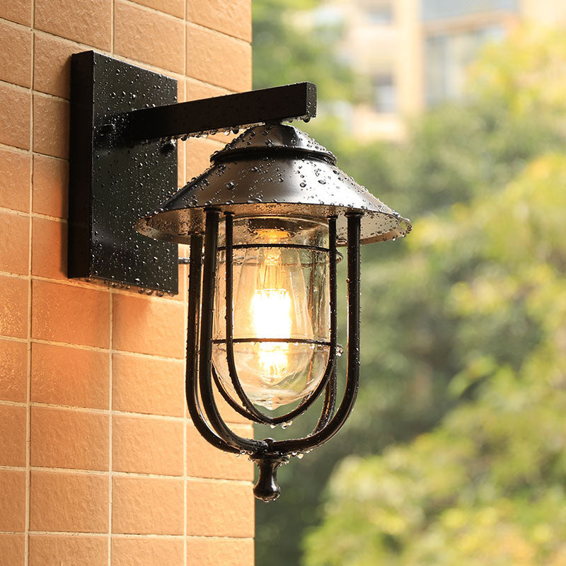 Frendorf | Draadkooi Buiten Wandlamp Vintage Metaal 1-Lamps Zwarte Afwerking Muur Gemonteerde Lamp met Duidelijke Glazen Schaduw