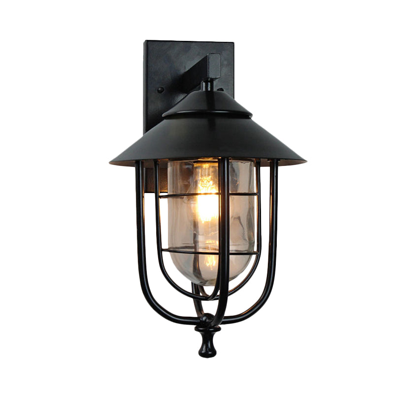 Frendorf | Draadkooi Buiten Wandlamp Vintage Metaal 1-Lamps Zwarte Afwerking Muur Gemonteerde Lamp met Duidelijke Glazen Schaduw