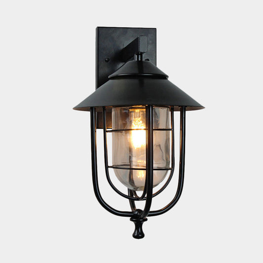 Frendorf | Draadkooi Buiten Wandlamp Vintage Metaal 1-Lamps Zwarte Afwerking Muur Gemonteerde Lamp met Duidelijke Glazen Schaduw