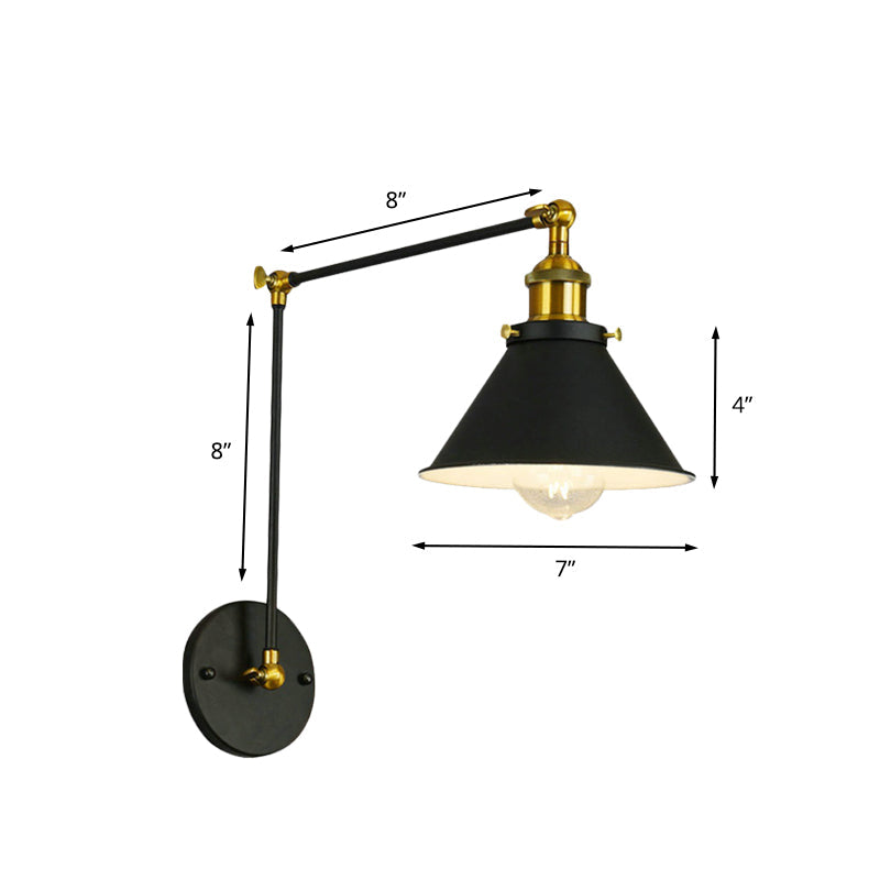 Frendorf | Cone Metall Wandleuchte Vintage 1 Glühbirne Restaurant Wandbeleuchtungseinrichtung in Schwarz mit Schwenkarme