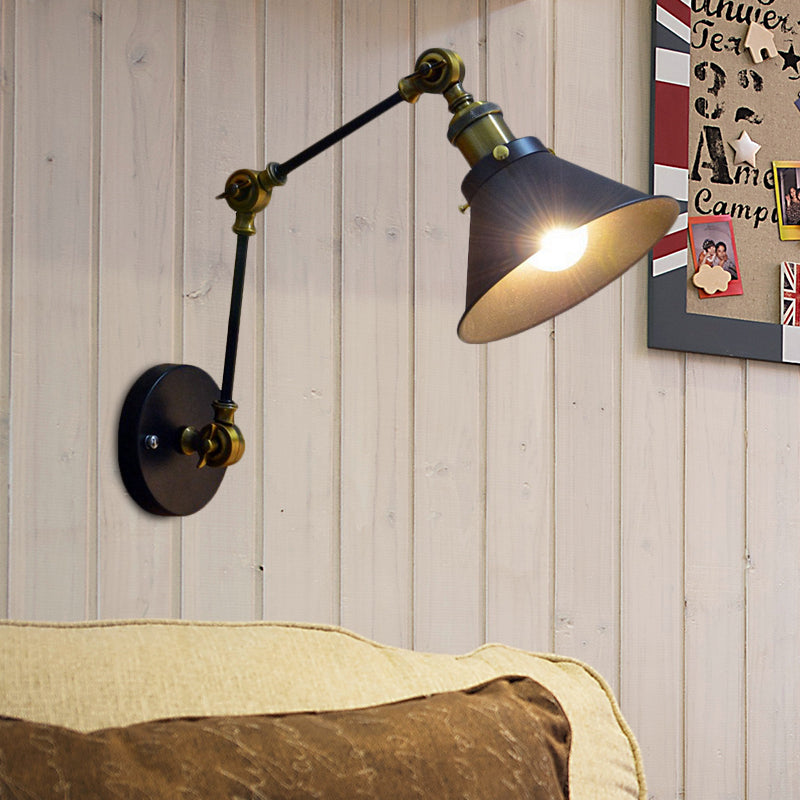 Frendorf | 1 Licht Wandlamp Wandlamp Antiek Bedzijde Swing Arm Wandbevestiging met Conische Metalen Schaduw in Zwart