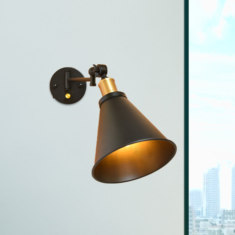 Frendorf | Schwarz/Weiß 1 Kopf Wandlampe Scone Vintage Eisen konische Schwenkarm Wandmontierte Lampe für das Studienzimmer