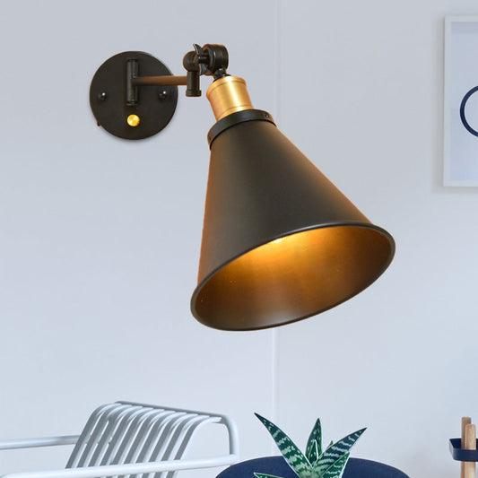 Frendorf | Schwarz/Weiß 1 Kopf Wandlampe Scone Vintage Eisen konische Schwenkarm Wandmontierte Lampe für das Studienzimmer